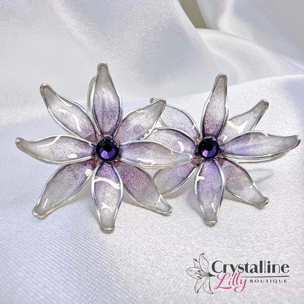 White Flower with Purple Center Resin Drop Earrings