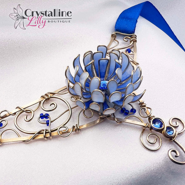 Sapphire Blue Resin Dip Flower Choker with Ribbon