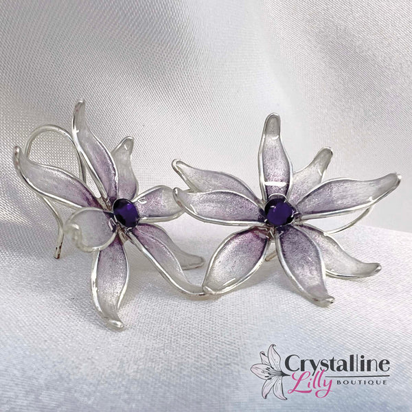 White Flower with Purple Center Resin Drop Earrings