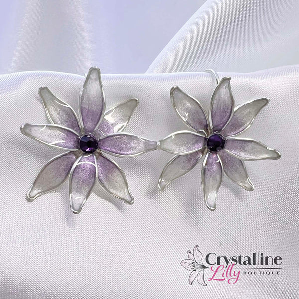 White Flower with Purple Center Resin Drop Earrings