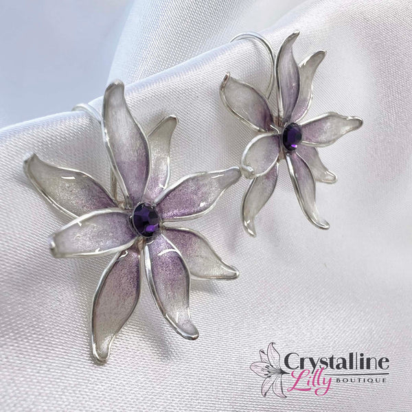 White Flower with Purple Center Resin Drop Earrings