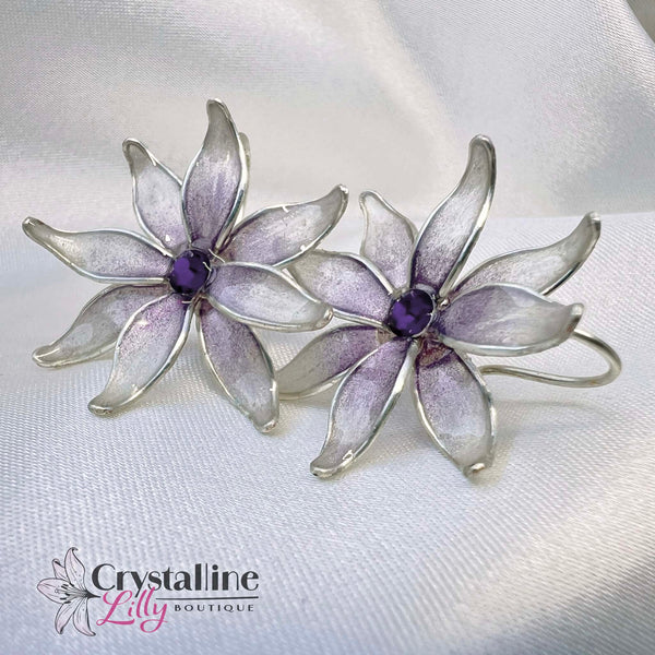 White Flower with Purple Center Resin Drop Earrings