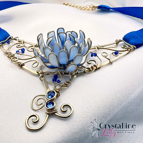 Sapphire Blue Resin Dip Flower Choker with Ribbon