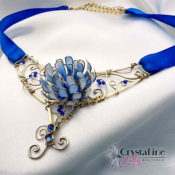 Sapphire Blue Resin Dip Flower Choker with Ribbon