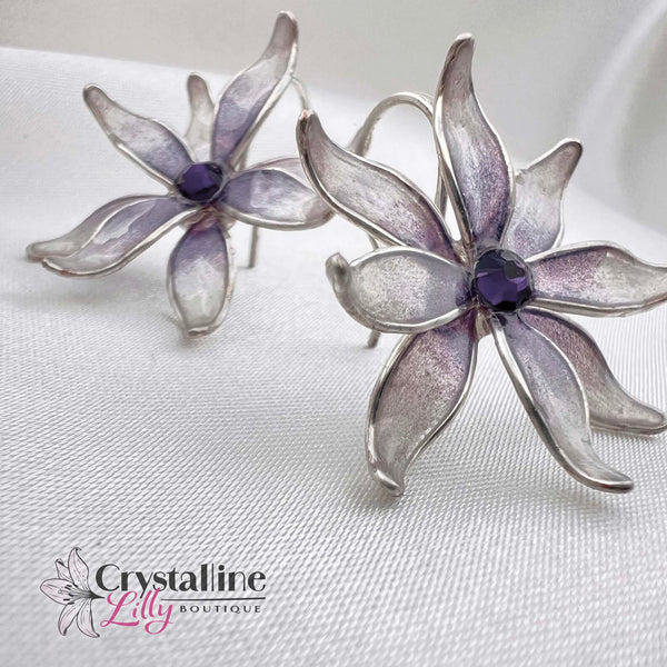 White Flower with Purple Center Resin Drop Earrings