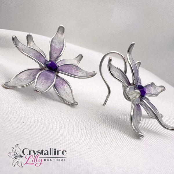 White Flower with Purple Center Resin Drop Earrings